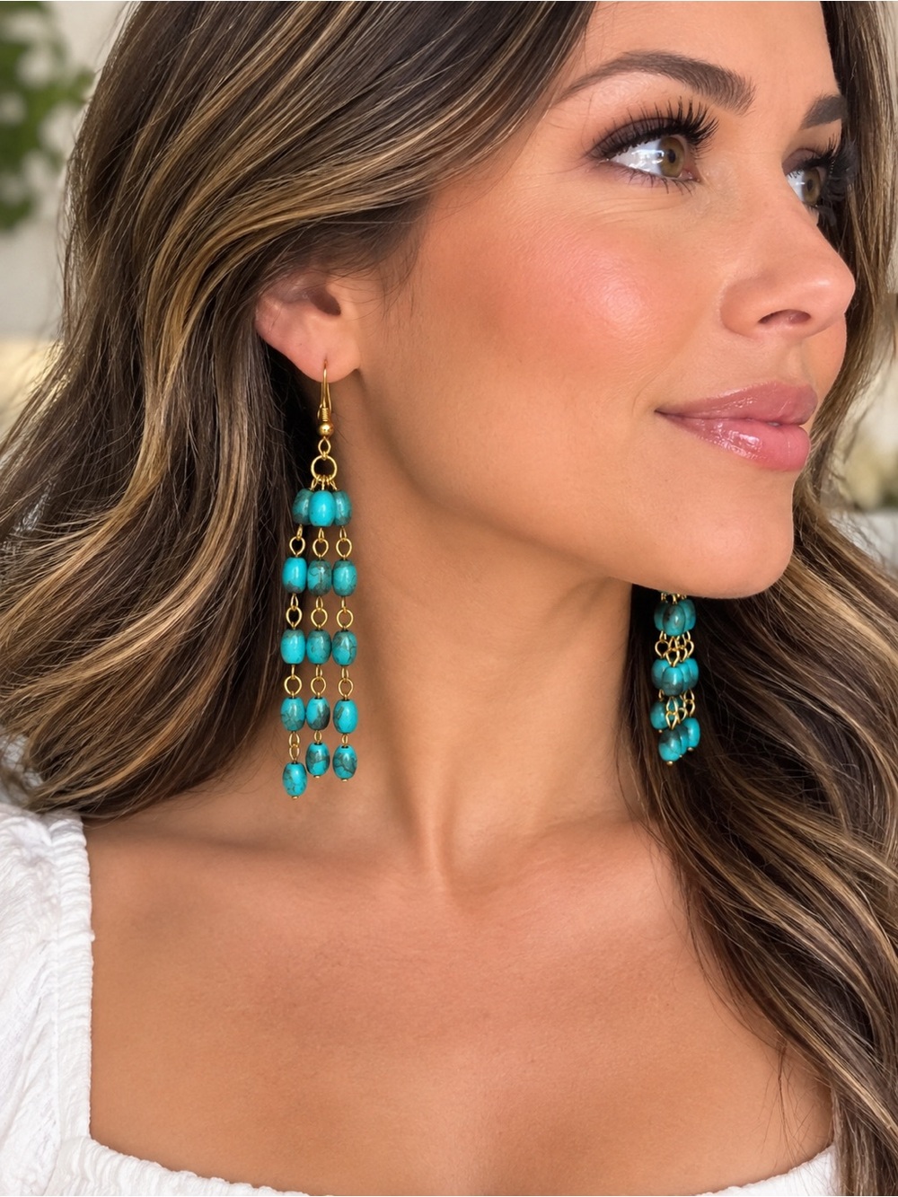 Plunder Turquoise Beaded Gold-Chain Dangle Earrings - Women Jewelry